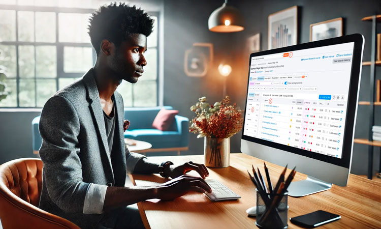 Un experto en marketing digital frente a su PC usando Keyword Magic Tool de Semrush