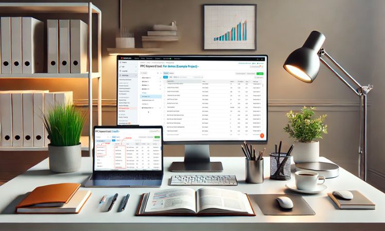Pantalla y portátil muestran herramientas de análisis PPC en escritorio ordenado con lámpara, plantas y material de oficina; ambiente profesional y organizado.