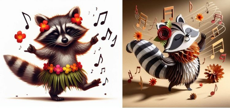 A la izquierda vemos el dibujo de un ma&agrave;che bailando con una falda hawaiana y rodeado de notas musicales. Mientras que, a la derecha, vemos una nueva versi&oacute;n de esa imagen realizada con la herramienta Restyle Image, en la que se le ha dado el estilo de papercraft a la obra