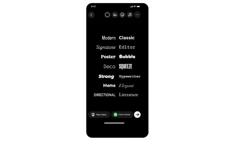 Pantalla de m&oacute;vil muestra estilos de fuente como "Modern," "Classic," "Signature," etc., sobre fondo negro. Opciones "Your story" y "Close friends".