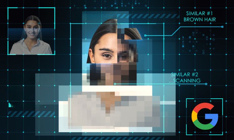 Imagen en la que aparece un panel tecnológico. En la esquina superior izquierda se ve la fotografía de una mujer de unos 25 años, blanca y de pelo negro; y en el centro de la composición se repite esta imagen pero recreada por píxeles en algunas zonas, representando la recreación de un deepfake. En la esquina inferior derecha se ve el logo de Google