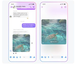 Pantalla de chat m&oacute;vil con imagen de tortuga nadando en el oc&eacute;ano. Texto: "Sphere AI Imagine: Turtle in the Ocean" y "Aqu&iacute; est&aacute; el logo". Ideal para marketing digital.