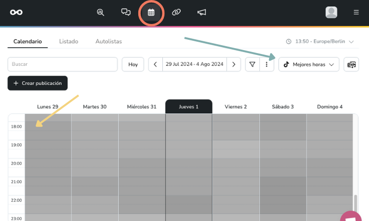 Calendario digital mostrando una semana planificada con horas y d&iacute;as en columnas; opciones arriba para filtrar, crear publicaciones y ajustar vista. Textos: "Calendario, Listado, Autolistas, Hoy, 29 Jul 2024 - 4 Ago 2024, Crear publicaci&oacute;n, Mejores horas".