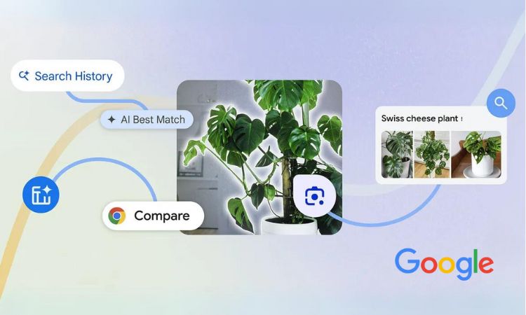 Sobre un fondo azul degradado flotan varios elementos de la búsqueda de Google (Lens, un buscador, imágenes, etc.) que hacen alusión a sus novedades impulsadas por IA