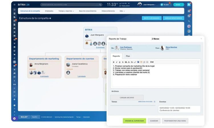 Ventana de software organizacional; muestra estructura de empresa y un informe de tareas. Marketing, gesti&oacute;n de proyectos, comunicaci&oacute;n interna. Texto: "BITRIX 24", "Estructura de la compa&ntilde;&iacute;a", "Finalizar campa&ntilde;a de marketing D&iacute;a de la mujer..."