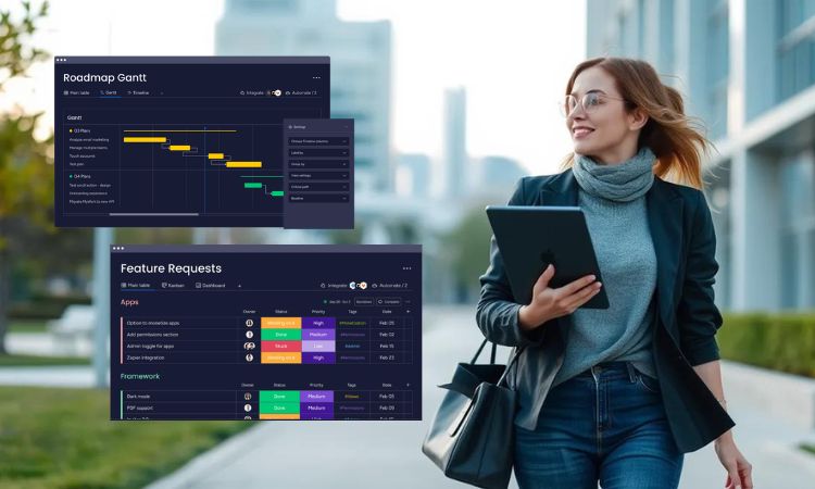 Mujer camina con una tableta en mano, sonriendo en área urbana; sobrepuestos gráficos de "Roadmap Gantt" y "Feature Requests" ilustran gestión de proyectos.