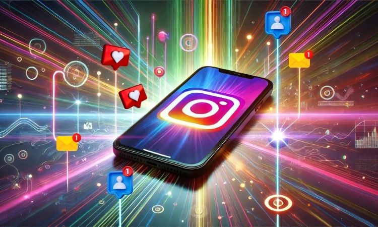 Sobre un fondo formado por conexiones digitales rosas, azules, amarillas y verdes, entre las que flotan iconos de "me gusta", mensajes y usuarios, aparece un móvil en cuya pantalla se muestra el símbolo de Instagram