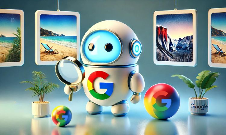 Un simpático robot de Google (es redondeado, luce los colores de Google y lleva una G como insignia) está estudiando a través de una lupa gigante varias imágenes que flotan junto a él.