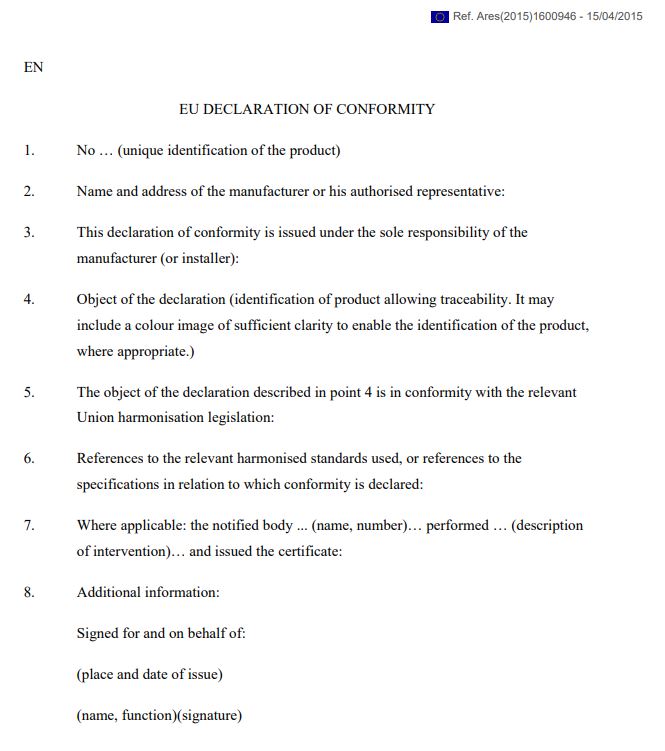 Documento de "Declaraci&oacute;n de Conformidad de la UE" en ingl&eacute;s, enumerando pasos y requisitos para identificar y certificar productos seg&uacute;n la legislaci&oacute;n.

Ref. Ares(2015)1600946 - 15/04/2015