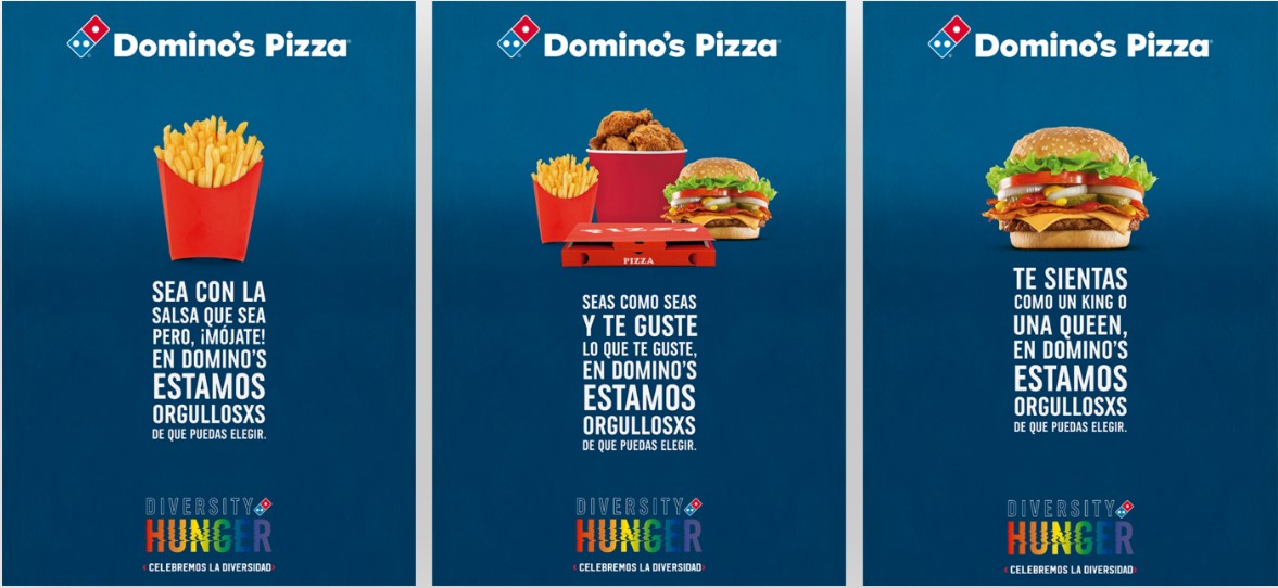 Papas fritas, y caja de pizza junto a hamburguesa sobre fondo azul. Texto: "En Domino's estamos orgullosxs de que puedas elegir. DIVERSITY HUNGER."