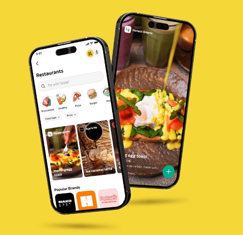 Dos smartphones muestran una app de restaurantes; uno con una lista de opciones, el otro con una imagen de comida. Fondo amarillo. Texto: "Restaurants".