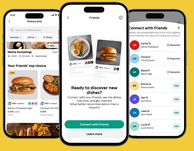 Pantallas m&oacute;viles muestran recomendaciones de restaurantes y conexi&oacute;n con amigos en una app de comida. Texto: "Connect with friends. Ready to discover new dishes?".
