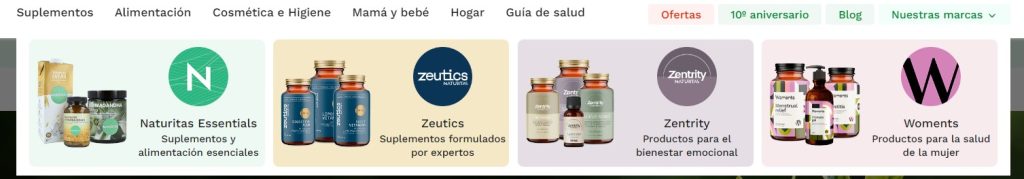 Suplementos variados de marcas Naturitas, Zeutics, Zentriity y Woments en un estante digital, destacando bienestar y salud en comercio electr&oacute;nico.