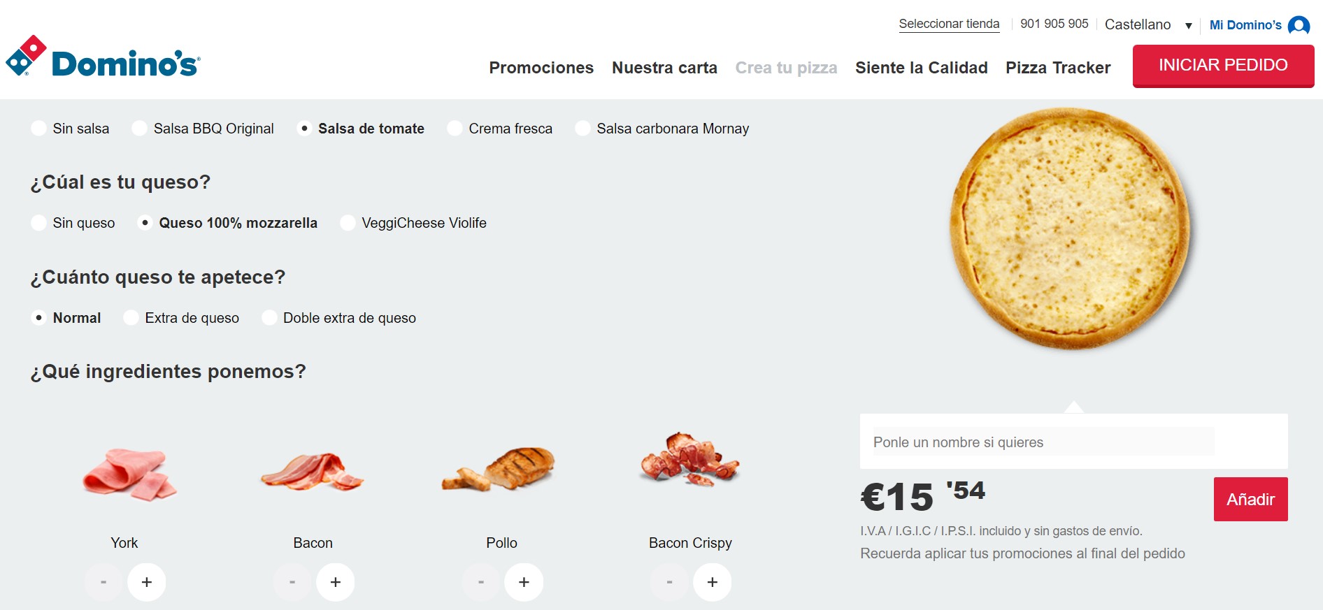 Men&uacute; de Domino's Pizza muestra opciones para personalizar. Selecci&oacute;n de salsas, quesos y ingredientes (York, Bacon, Pollo, Bacon Crispy). Precio: &euro;15,54.