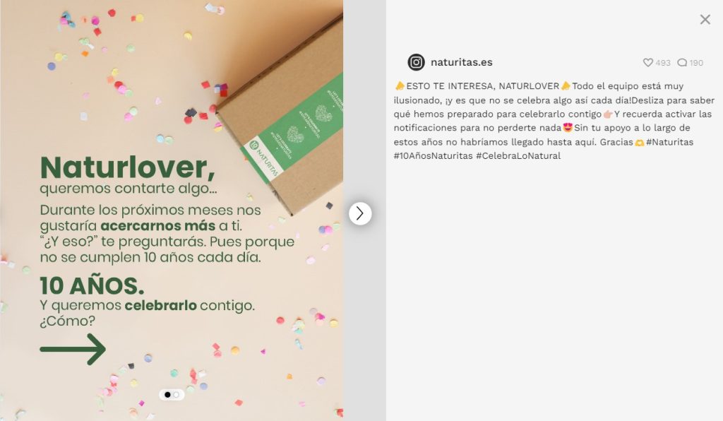 Caja marr&oacute;n con etiqueta verde rodeada de confeti y texto: "Naturlover, queremos contarte algo... 10 A&Ntilde;OS. Y queremos celebrarlo contigo. &iquest;C&oacute;mo?"