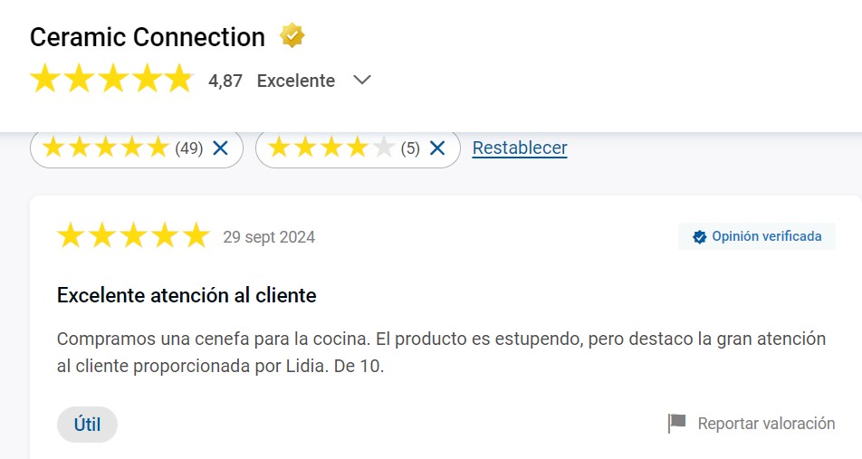 Valoraci&oacute;n de "Ceramic Connection" con 4,87 estrellas. Rese&ntilde;a destaca atenci&oacute;n al cliente: "El producto es estupendo, atenci&oacute;n de Lidia excelente. De 10".