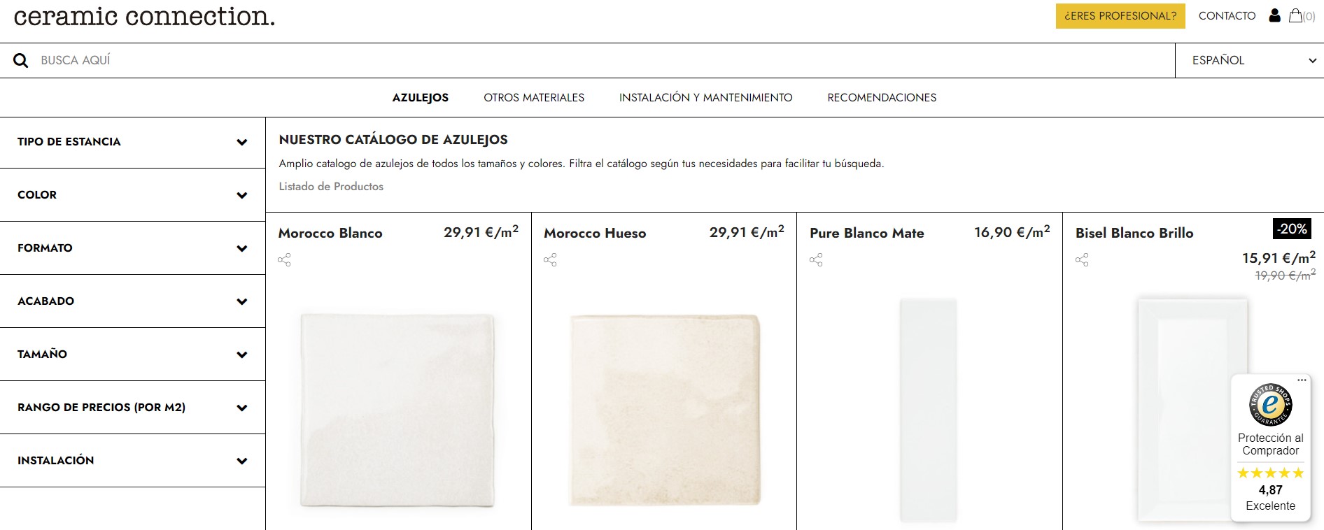 Cat&aacute;logo de azulejos con filtro por caracter&iacute;sticas y precios. Ofertas destacadas: Bisel Blanco Brillo a 15,91 &euro;/m&sup2; (-20%). Protecci&oacute;n al Comprador 4.87.