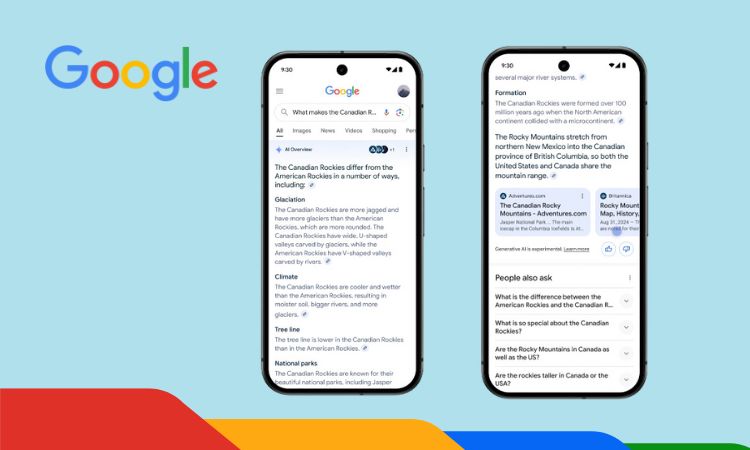 Sobre un fondo azul claro hay dos teléfonos móviles que muestran el funcionamiento de AI Overview. En la esquina superior izquierda se ve el logo de Google y de la parte inferior de la pantalla emergen iconos con forma de vista de pestaña de una ventana del buscador, que lucen los colores de la tecnológica.