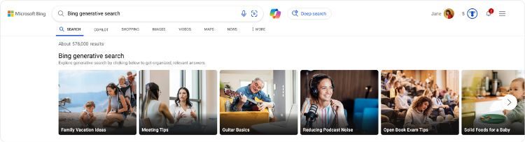 Captura que muestra c&oacute;mo acceder a Bing Generative Search desde la barra de acceso del navegador de Bing