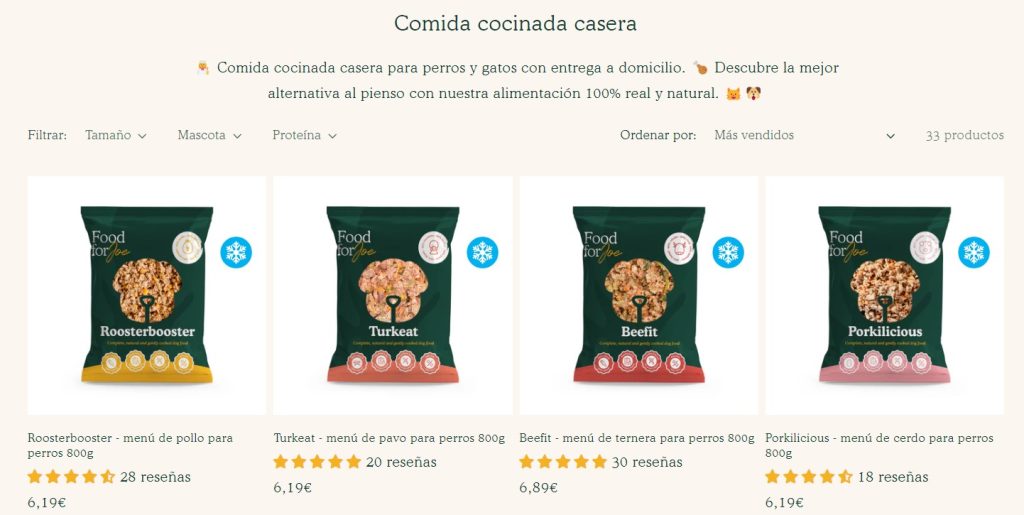 Bolsas de comida casera para perros, acciones relacionadas: compra en l&iacute;nea. Productos: Roosterbooster, Turkeat, Beefit, Porkilicious. Precios y rese&ntilde;as visibles.