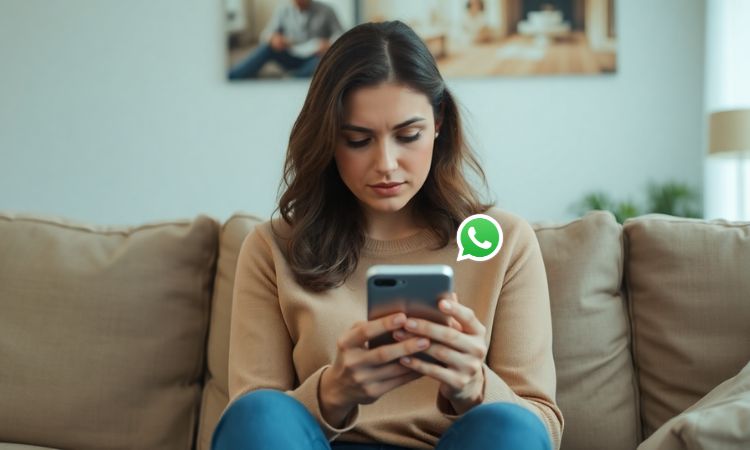 Una chica de unos 30 años está sentada en su salón mientras mira el móvil que tiene entre las manos con cara preocupada y pensativa porque quiere saber si la han bloqueado en WhatsApp. El salón es luminoso y cómodo, es de día.
