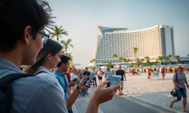 personas comprando online delante de un hotel