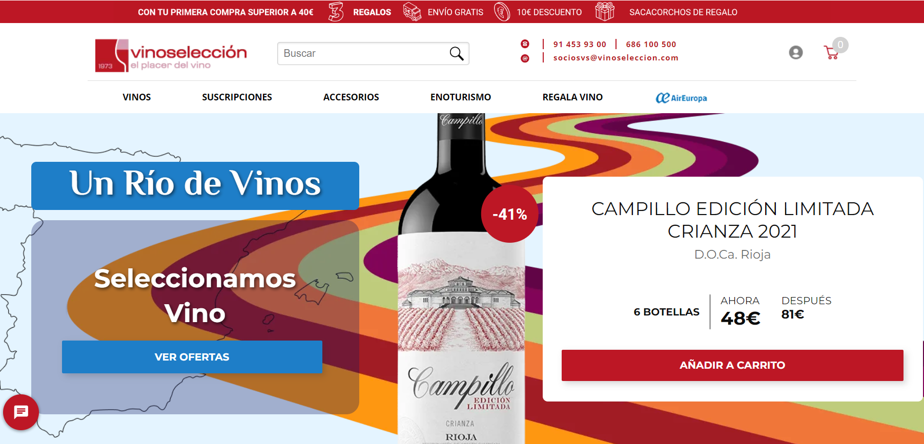 Botella de vino Campillo con texto promocional: "Un R&iacute;o de Vinos", "-41%", "6 botellas", "Crianza 2021", y "48&euro;". Contexto marketing.
