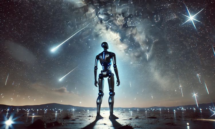 Bajo un cielo plagado de estrellas brillantes (algunas fugaces), se ve a un robot humanoide mirándolas fijamente, rodeado de un halo de luz