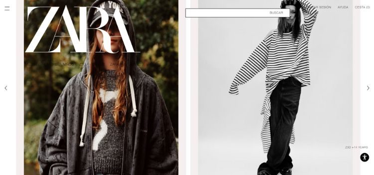 Captura de la portada del eCommerce de Zara, en la que se ven dos im&aacute;genes del cat&aacute;logo de Z3D y, entre las opciones de categor&iacute;a de ropa, esta nueva l&iacute;nea de productos juveniles