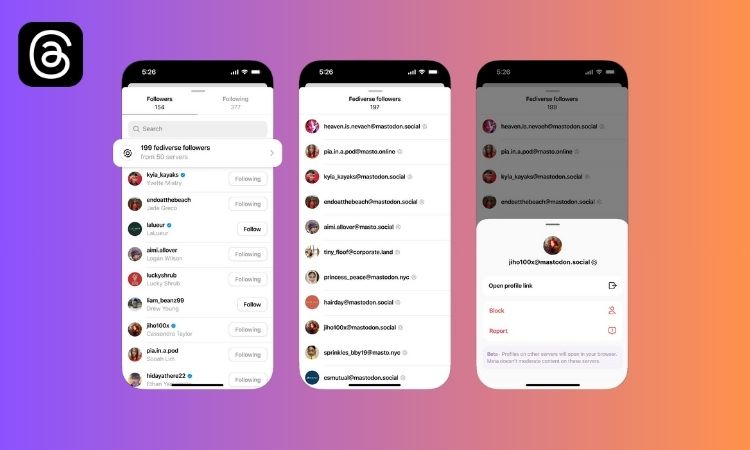 Sobre un fondo degradado morado y naranja se han colocado tres capturas de pantalla que muestran los pasos a seguir para visualizar qué usuarios de otras plataformas te dan me gusta o te siguen en Threads gracias a su integración con el Fediverso