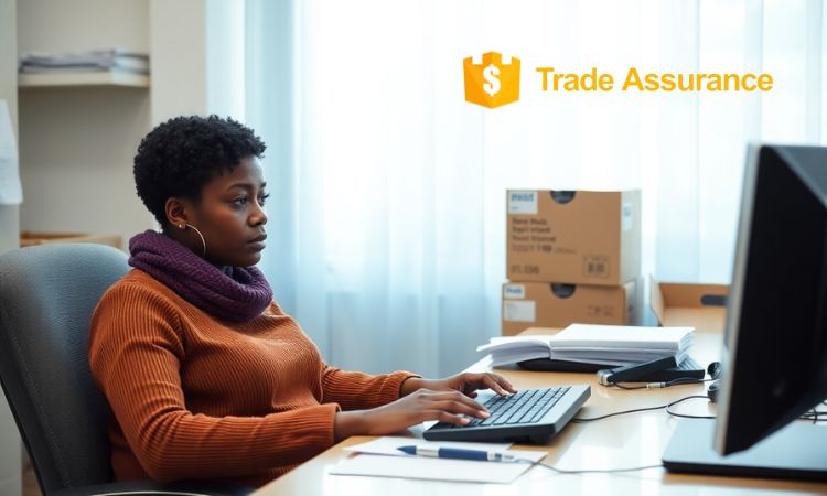 Mujer usando computadora en oficina con cajas; a la derecha, texto en inglés: "Trade Assurance". Ambiente laboral, enfoque en seguridad comercial.