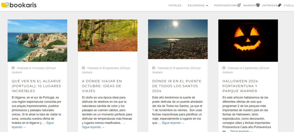 Logotipo de Bookaris, cuatro art&iacute;culos destacados con im&aacute;genes atractivas. Art&iacute;culos sobre Algarve, viajes en octubre, puente de Todos los Santos y Halloween 2024. Ideal para inspiraci&oacute;n de viajes.