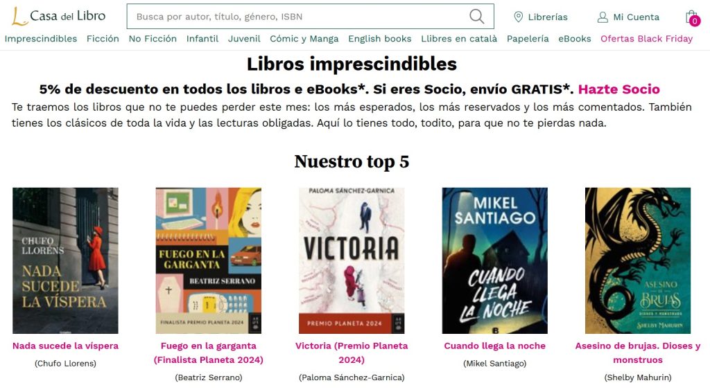 Casa del Libro presenta su top 5 de "Libros imprescindibles" con un 5% de descuento. Incluye t&iacute;tulos como "Nada sucede la v&iacute;spera" y "Victoria".