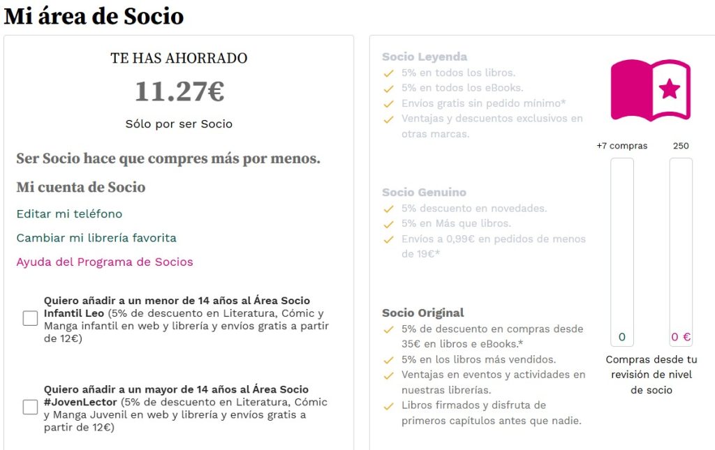 &Aacute;rea socio muestra ahorro de 11,27&euro;. Opciones: editar tel&eacute;fono, cambiar librer&iacute;a. Descuentos en libros y env&iacute;os. Niveles: Leyenda, Genuino, Original. Promociones infantiles y juveniles.
