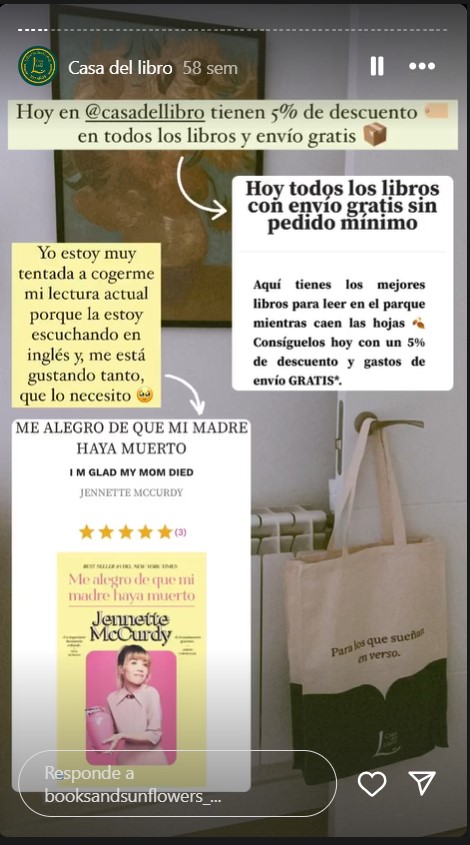 Cartel de promoci&oacute;n de libros en Casa del Libro: descuento del 5% y env&iacute;o gratis. Imagen del libro "Me alegro de que mi madre haya muerto" de Jennette McCurdy junto a una bolsa de tela.