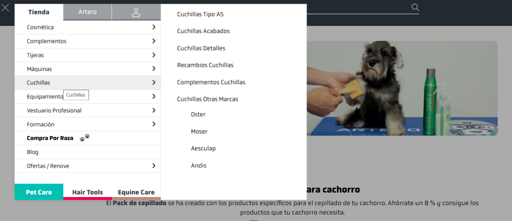 Men&uacute; lateral de tienda online muestra categor&iacute;as como "Cuchillas Tipo A5" y "Recambios Cuchillas". Imagen a la derecha: perro peinado. Texto: "El Pack de cepillado se ha creado con los productos espec&iacute;ficos para el cepillado de tu cachorro. Ah&oacute;rrate un 8 % y consigue los productos que tu cachorro necesita."