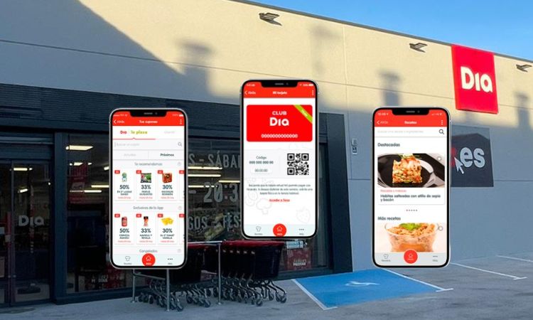 app dia en primer plano, con el supermercado al fondo
