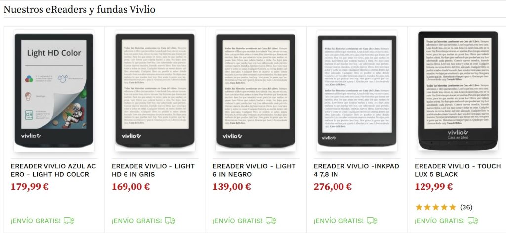Cinco modelos de eReaders Vivlio exhibidos en fila presentan caracter&iacute;sticas y precios, desde 129,99 &euro; hasta 276,00 &euro;, destacando env&iacute;o gratis.