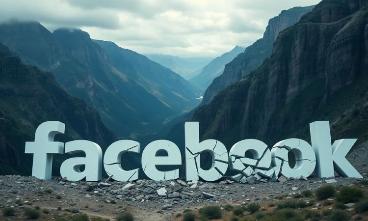 un logo de facebook destruido en un valle
