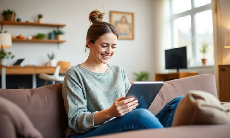 Una mujer de unos 30 años está sentada en su salón viendo vídeos en su tablet. El salón es acogedor y luminoso.