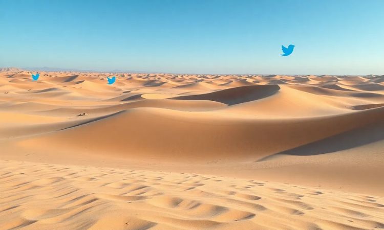 Dunas de arena doradas se extienden bajo un cielo azul claro, con pequeños logotipos azules de Twitter dispersos, simbolizando la expansión del marketing en redes sociales.