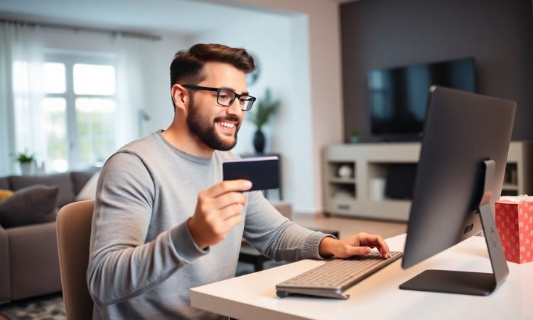 Un hombre de unos 30 años está utilizando su ordenador para comprar online por el Black Friday. Tiene una tarjeta de crédito en la mano. El hombre está sentado en la mesa de su salón, que luminoso es y amplio.