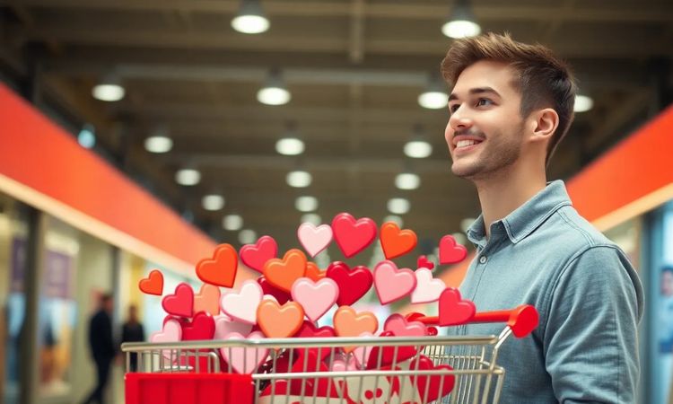 Mimediamarkt club. a young man in a mall with a shopping cart. The cart is full of heart icons