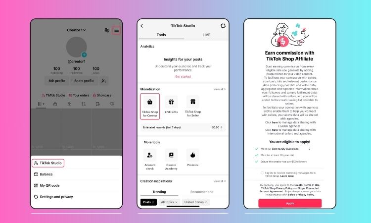 Pantallas de TikTok Studio; una muestra herramientas, otra monetización, y la última un texto sobre ganar comisiones con TikTok Shop Affiliate.