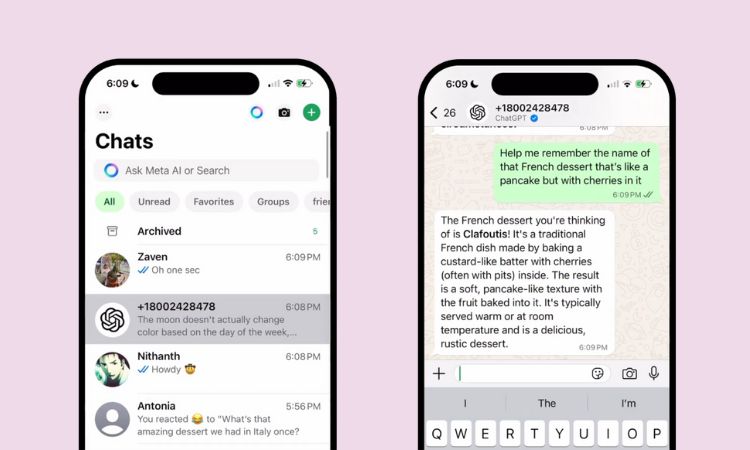 Sobre un fondo rosa se ven dos teléfonos móviles. En la pantalla del primero se muestran la pestaña de chats de WhatsApp, entre los que se encuentra el contacto de ChatGPT. En la segunda se muestra la conversación con ChatGPT en WhatsApp.