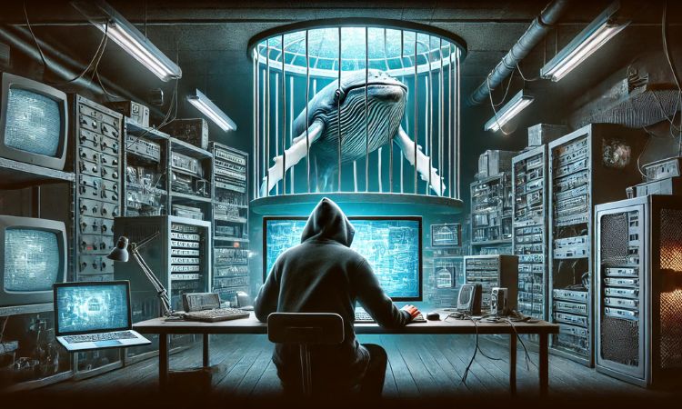 Imagen de una sala repleta de ordenadores y aparatos tecnológicos. En el centro está una persona, cuya sudadera nos impide saber su identidad, trabajando en un ordenador. Sobre ella se ve una ballena enjaulada. La persona es un hacker que está lanzando ciberataques contra DeepSeek