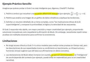 Texto en una p&aacute;gina web describe funciones y limitaciones de una IA llamada Grok 3, comparando con ChatGPT. Destaca "ecuaci&oacute;n diferencial avanzada".