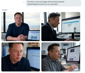 Persona trabajando; lee informaci&oacute;n en su ordenador; oficina moderna con ventana; muestra inter&eacute;s profesional. Texto: "Por favor, crea una imagen de Elon Musk leyendo Marketing ecommerce en su ordenador."