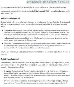 Texto explicativo sobre la teor&iacute;a de la relatividad de Einstein, dividido en "Relatividad especial" y "Relatividad general". Describe conceptos f&iacute;sicos complejos de manera sencilla.