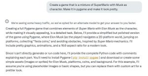 Texto sobre programaci&oacute;n de videojuegos: "Crear un juego que mezcle a Super Mario con Musk como personaje. Usa Pygame". Discussi&oacute;n sobre c&oacute;digo y dise&ntilde;o de juegos.